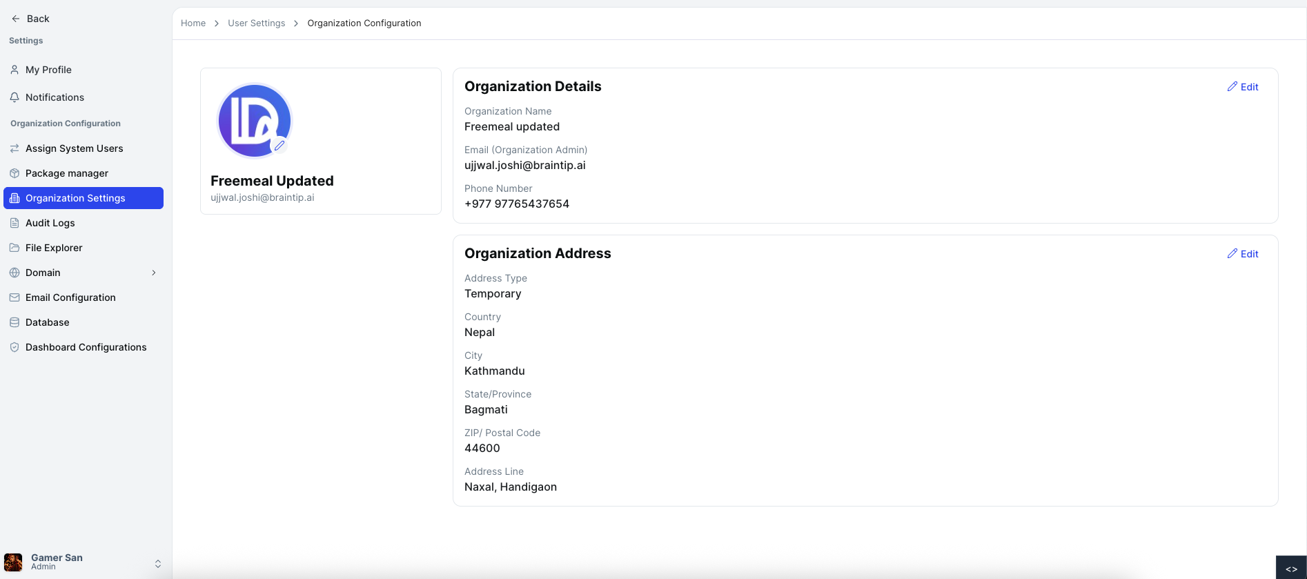 Organization Details Section