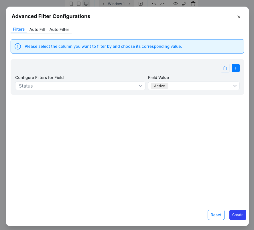 Filters tab in Advanced Filter Configurations showing field and value selectors