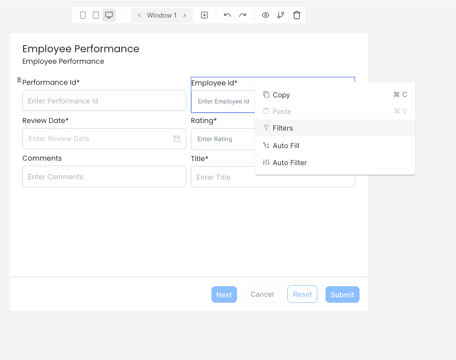 Right-click context menu on a field showing Filters, Auto Fill, and Auto Filter options