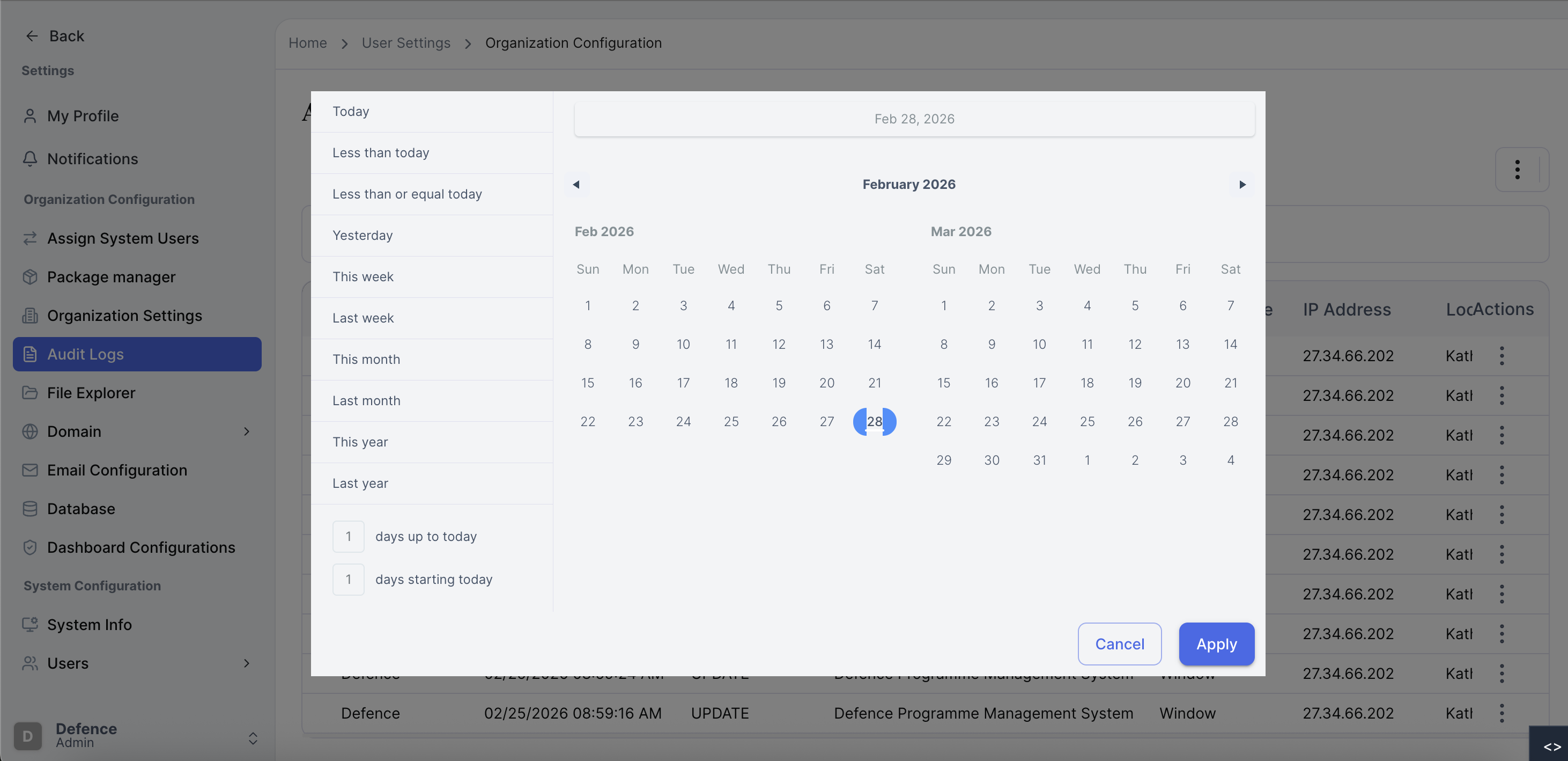 Date filter calendar