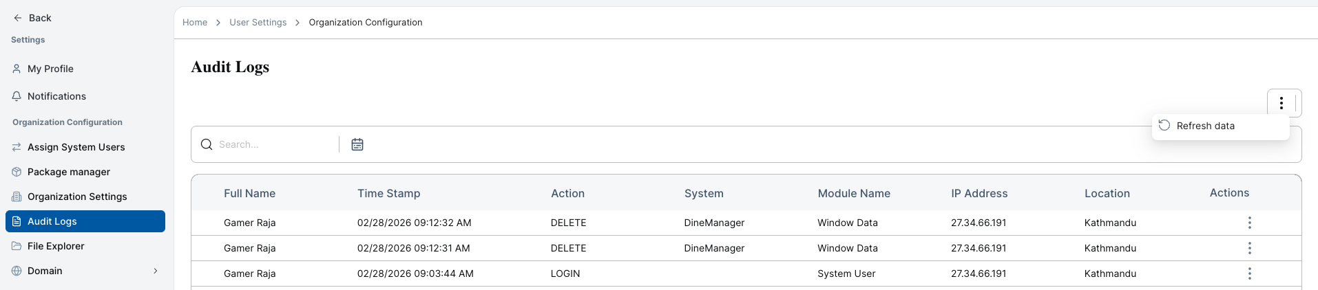 Refresh audit log menu
