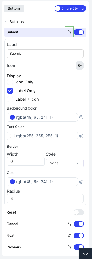 Individual button configuration showing label, icon, display mode, colors, border, and radius options