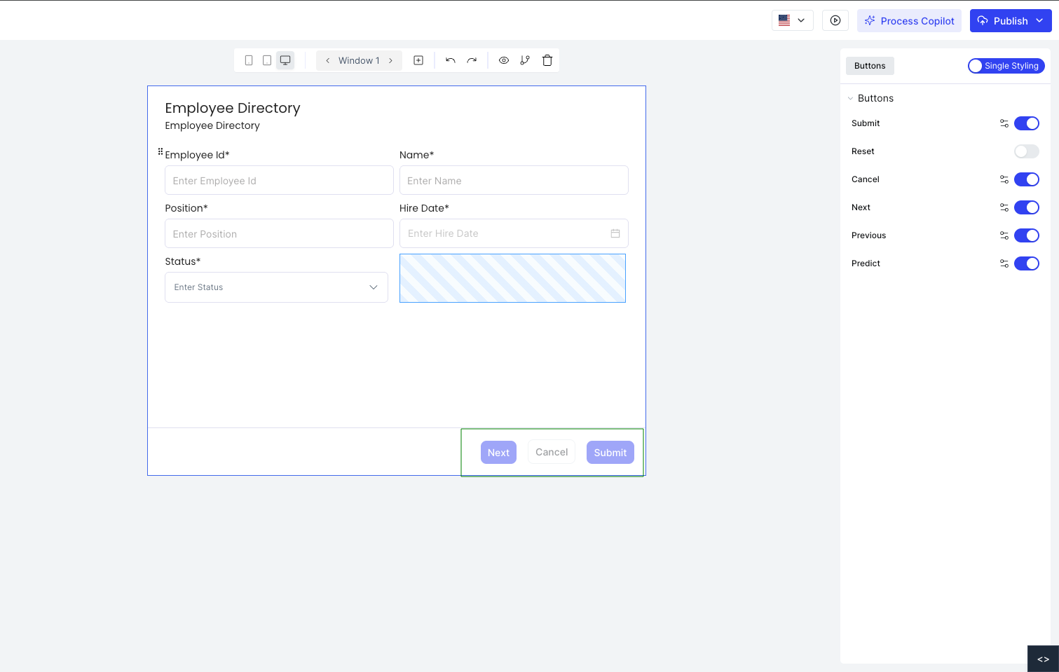 Button configuration panel showing all available buttons with toggles