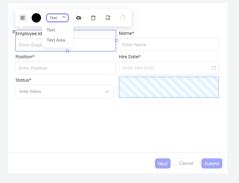 Field toolbar on the canvas