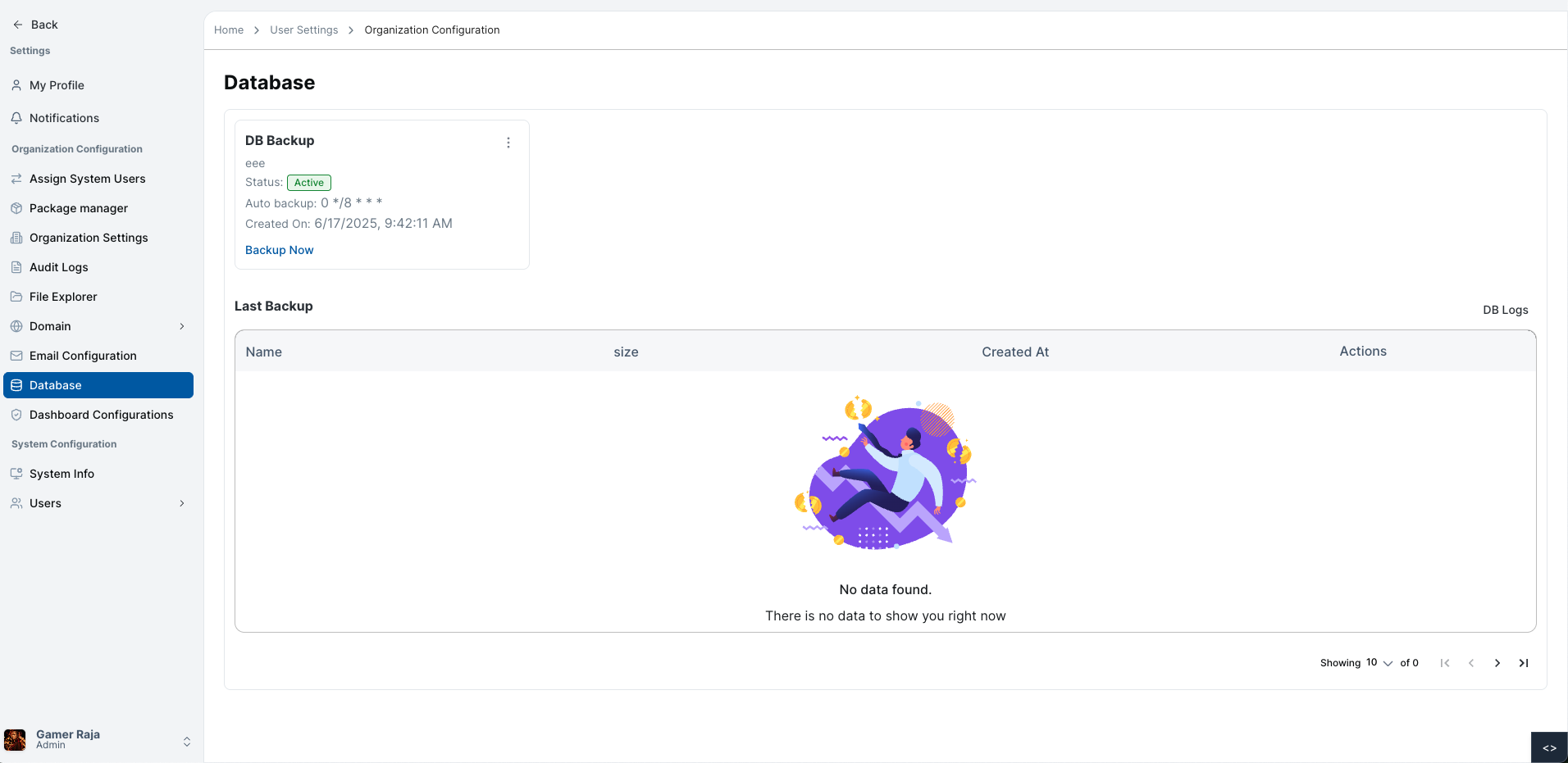 Database backup main page