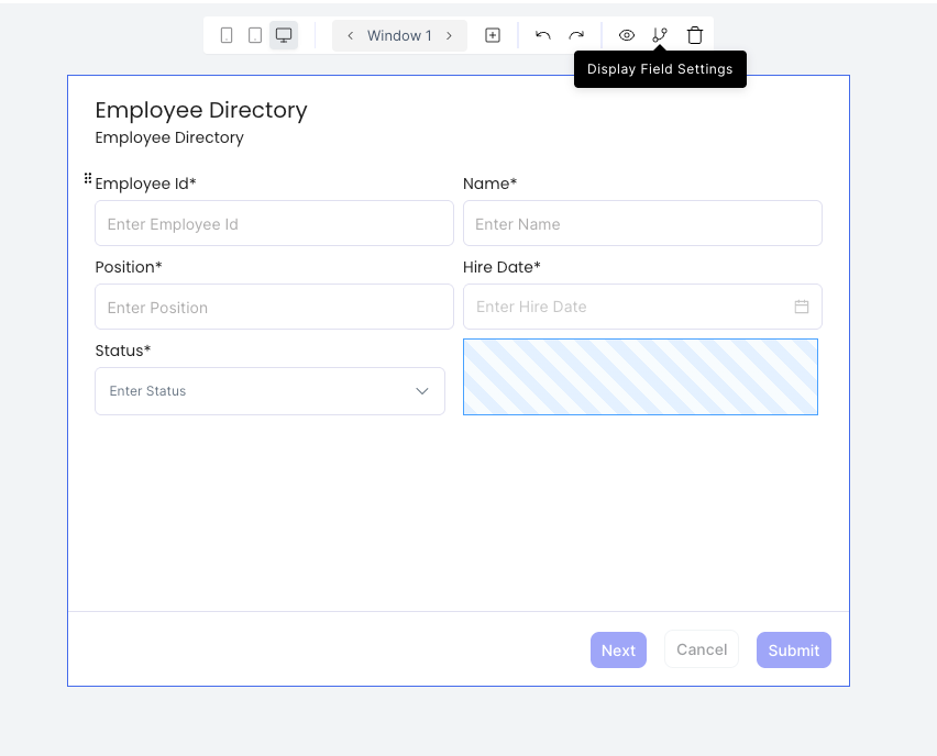 Display Field Settings icon in the canvas top bar