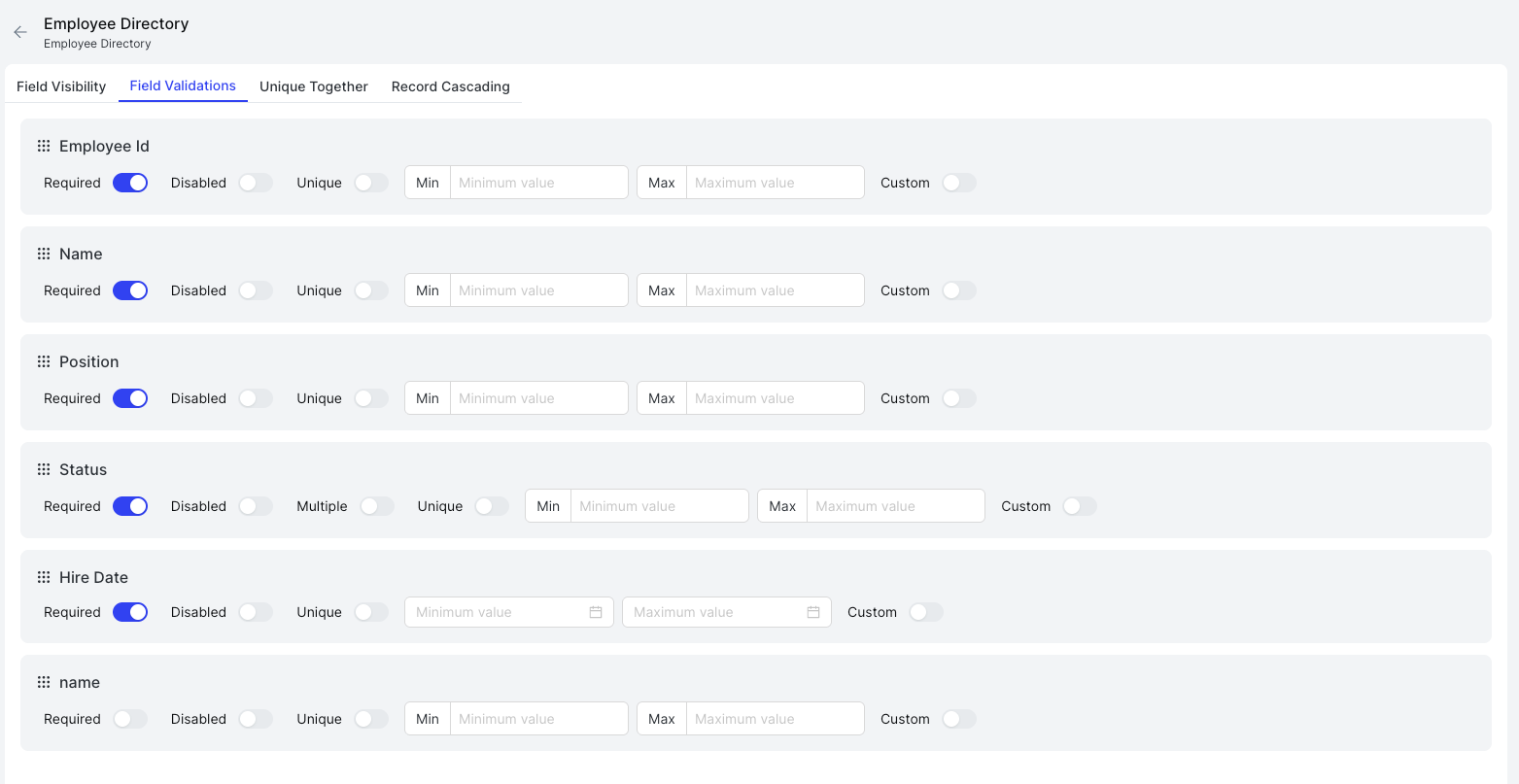Field Validations tab showing validation toggles for each field