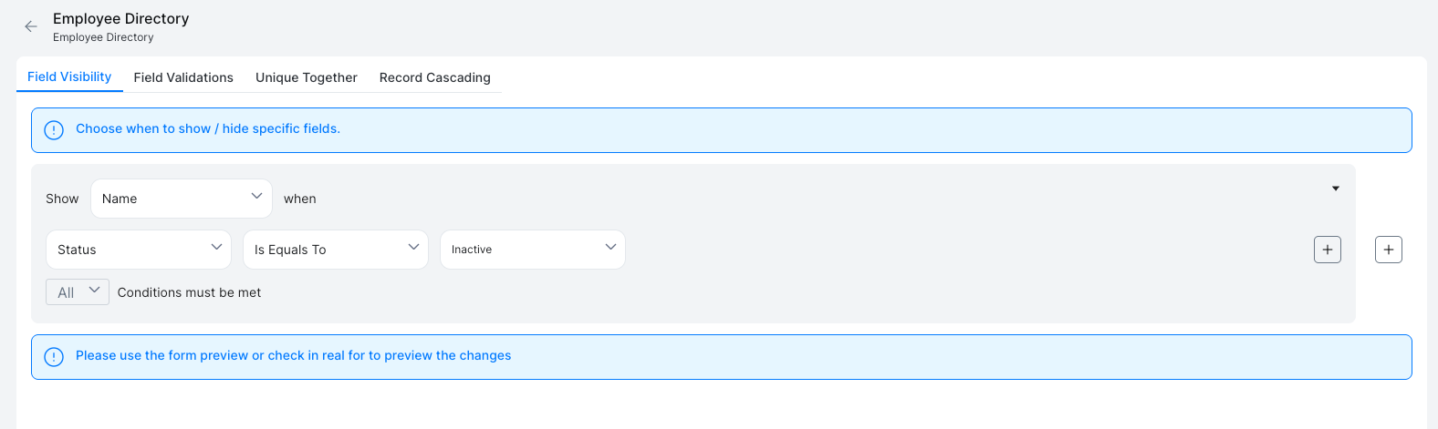 Field Visibility tab showing a condition rule to show a field based on another field's value