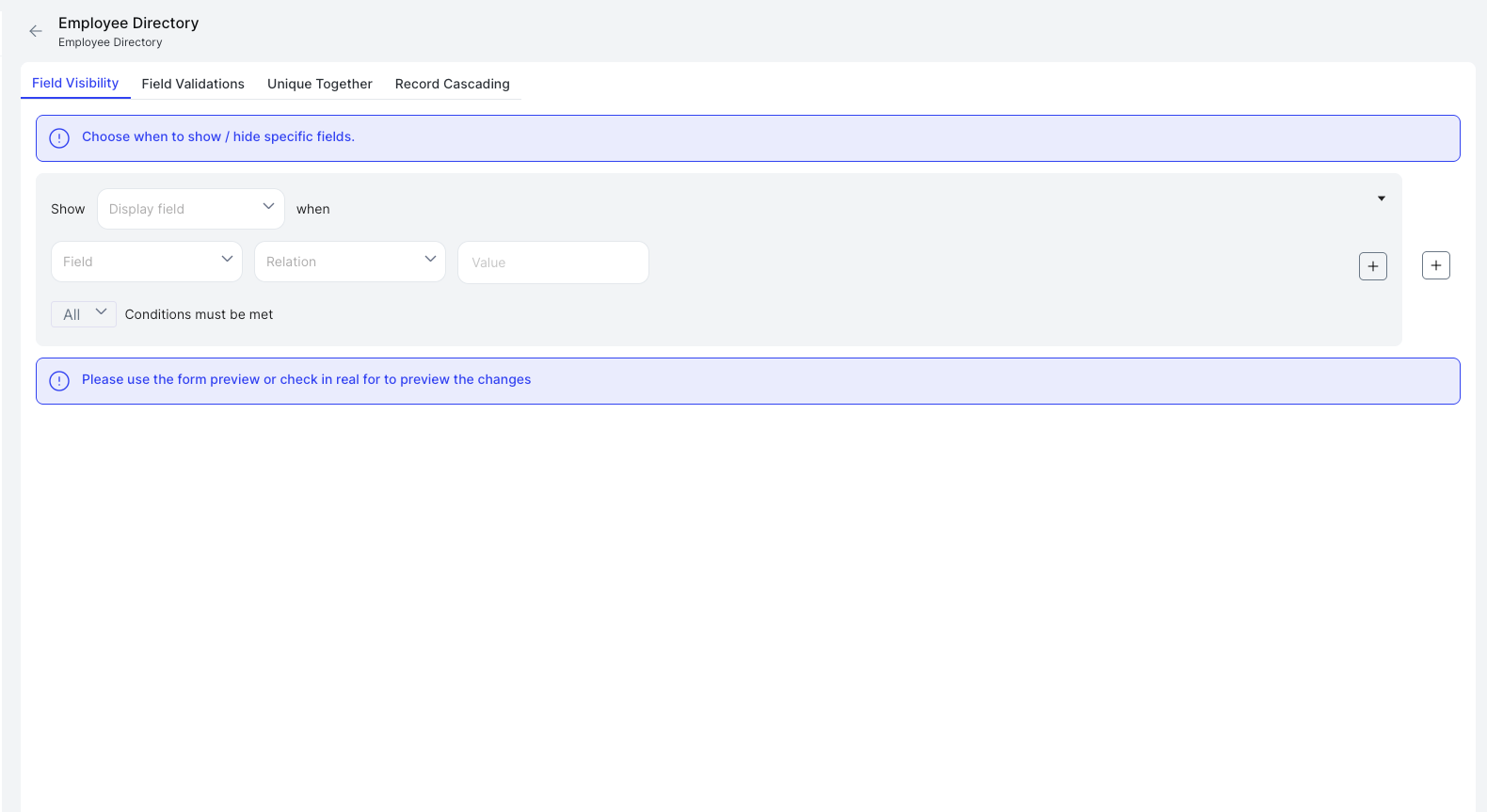 Display settings panel showing all four tabs: Field Visibility, Field Validations, Unique Together, Record Cascading