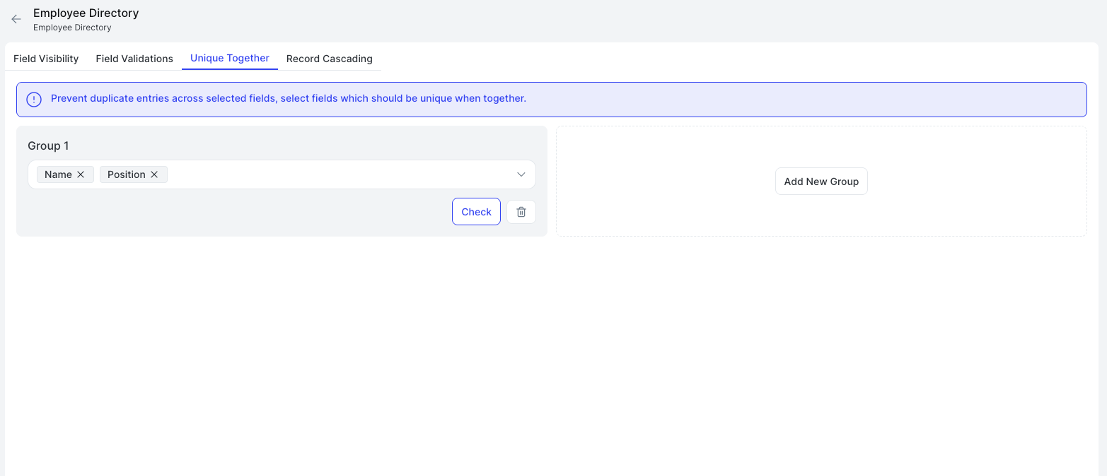 Unique Together tab showing a group of fields that must be unique in combination