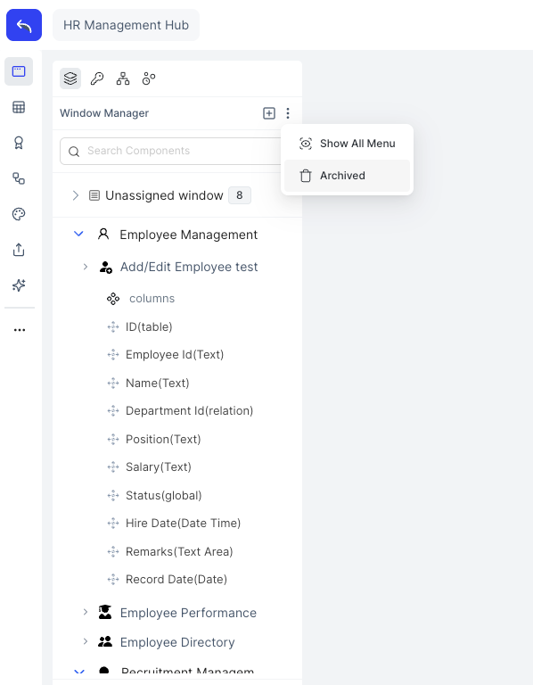 Archive section for menus and windows