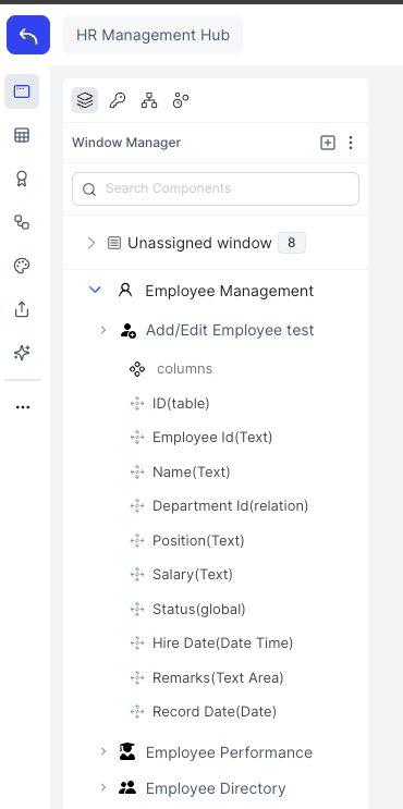 Expanded window showing columns