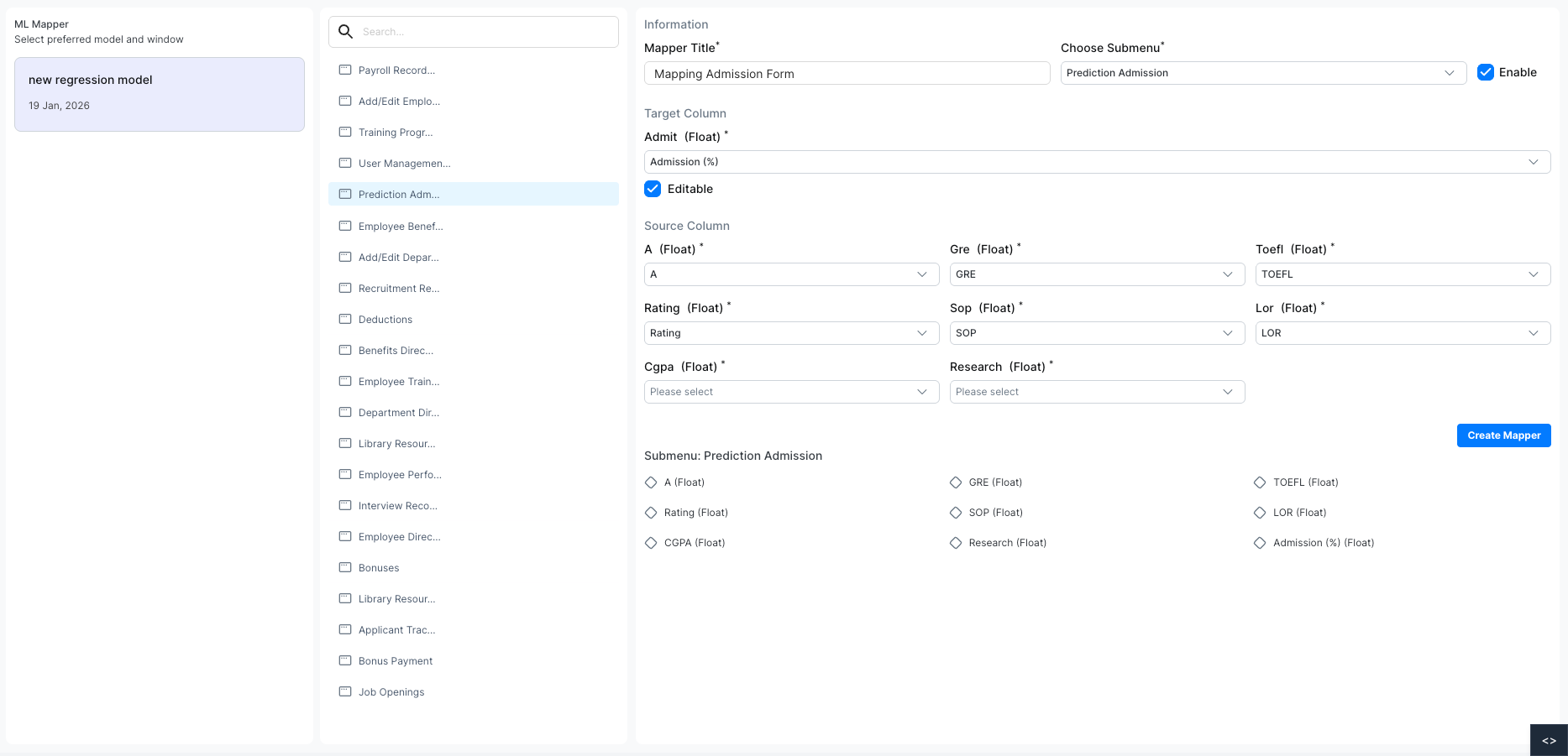 ML Mapper configuration panel with mapper title, target column, and source column mappings
