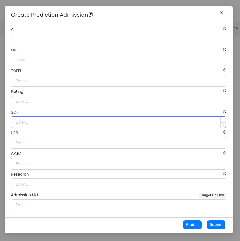 Mapped form showing source input fields, target column, and Predict button
