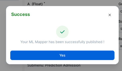 Success dialog confirming ML Mapper has been published