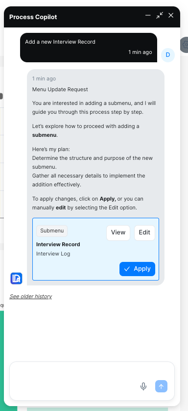 Process Copilot showing a submenu suggestion with View, Edit, and Apply options