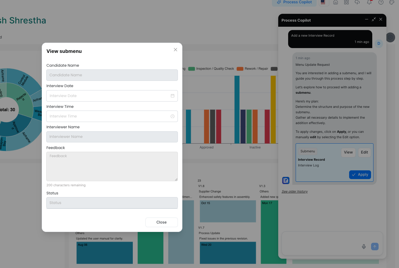 Process Copilot preview dialog showing the generated form before applying