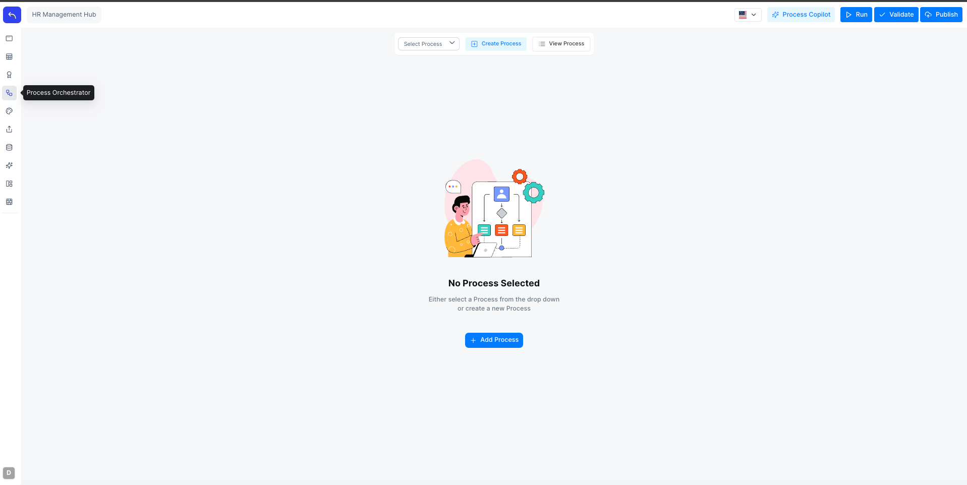 Process Orchestrator main page with no process selected