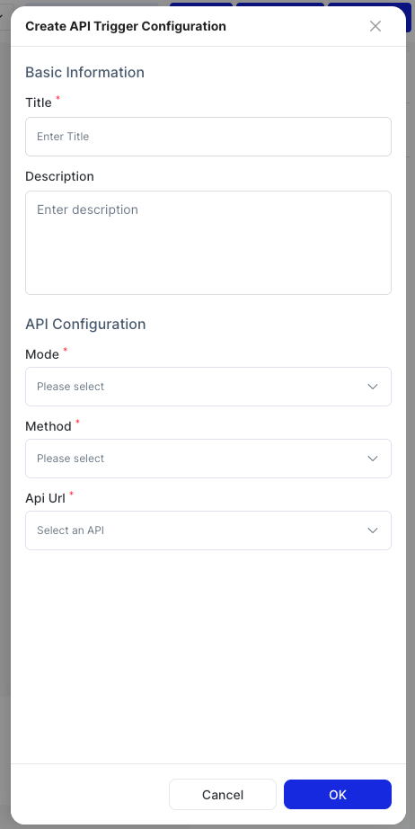 API Trigger configuration panel with title, description, mode, method, and URL fields