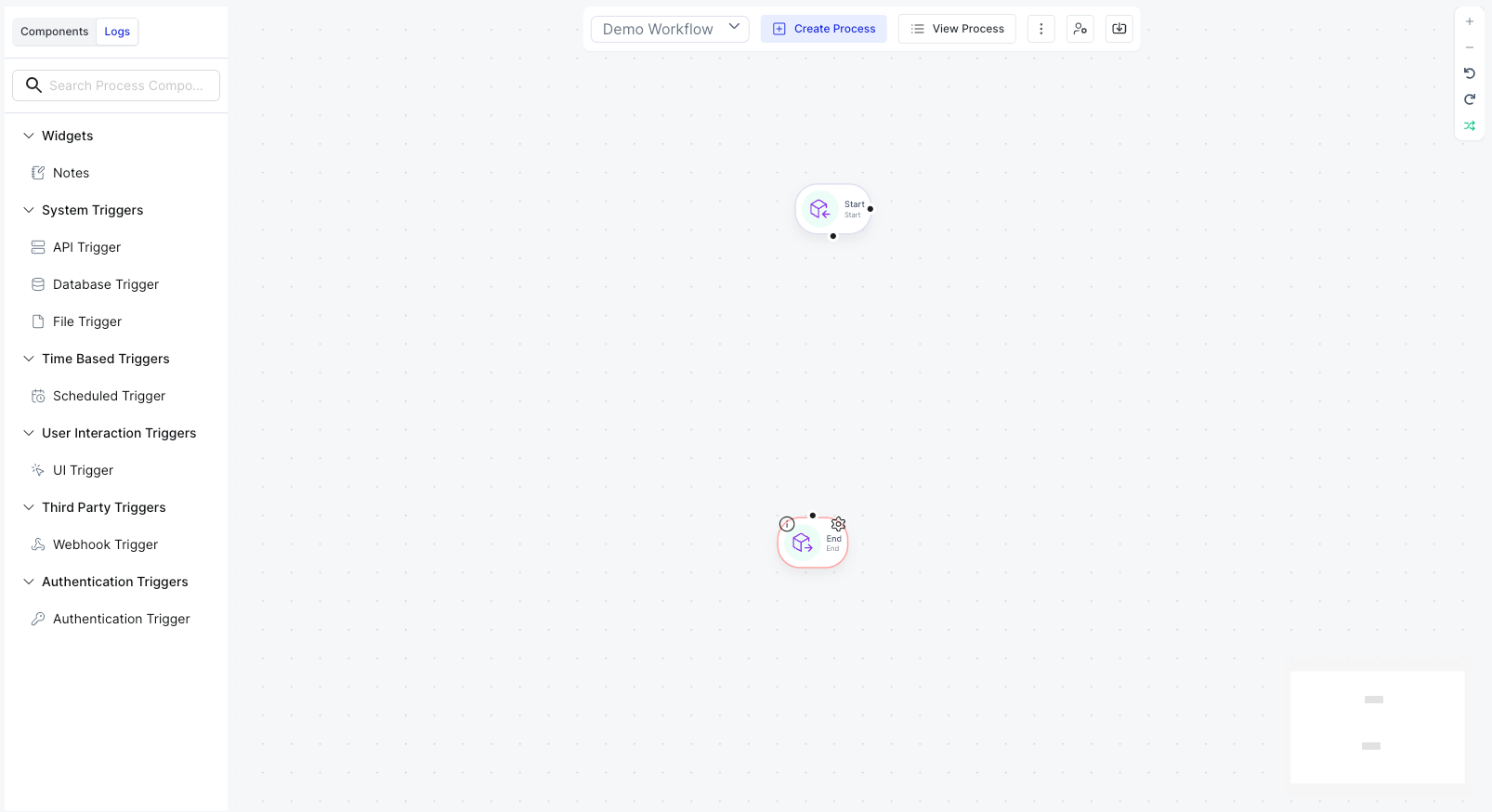 Empty canvas with Start and End nodes and trigger component panel