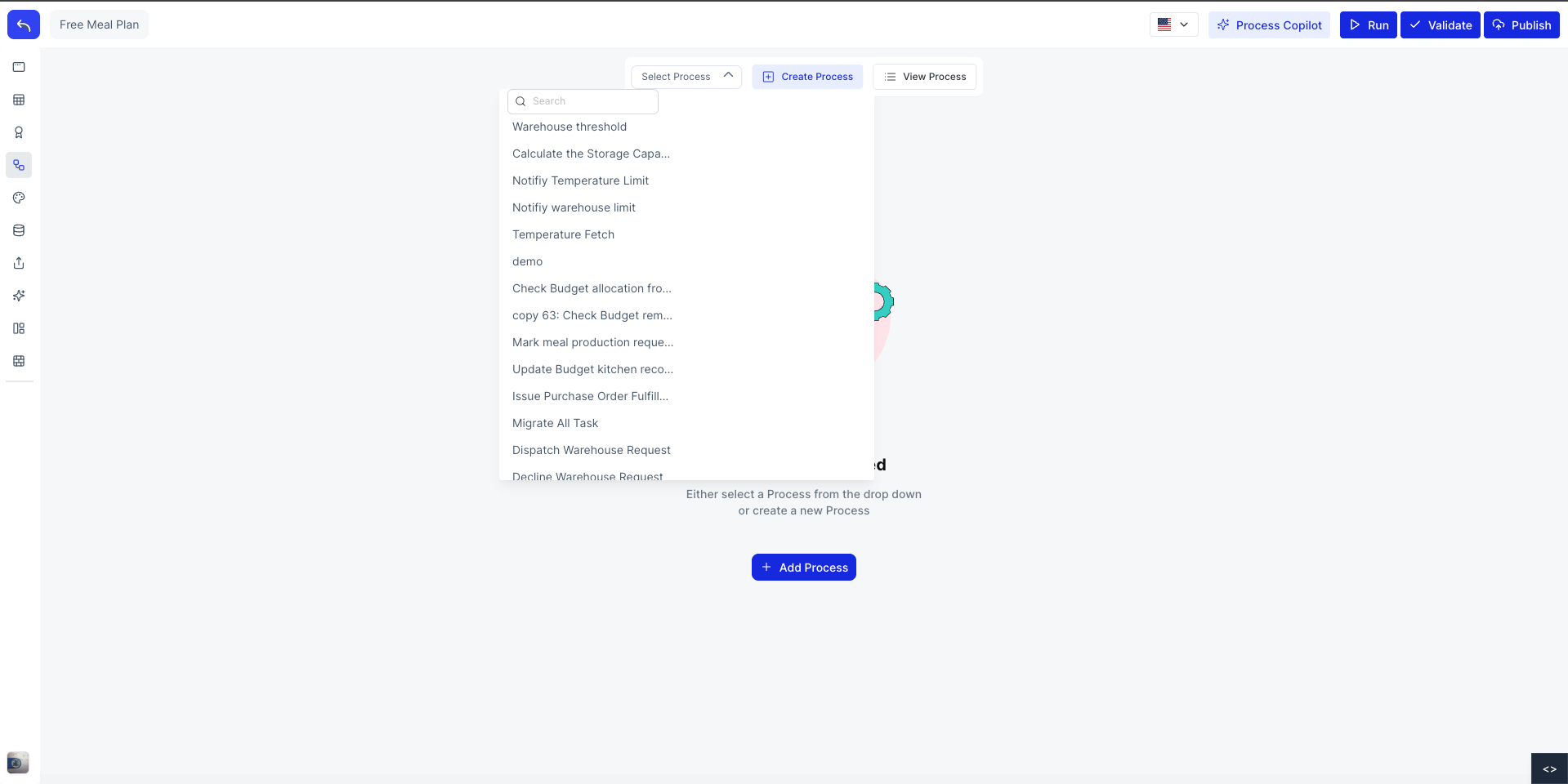 Select Process dropdown showing list of saved processes