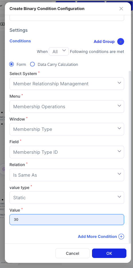 Condition block settings panel with field, relation, and value configuration