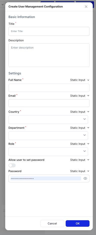 Create User Management Configuration dialog