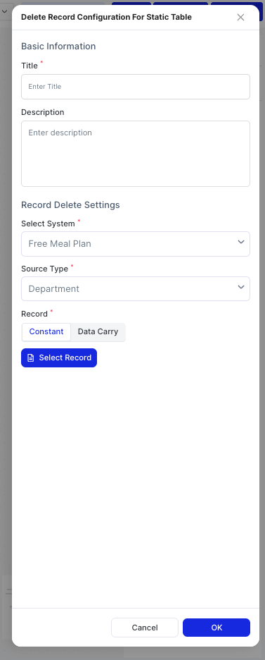 Delete Record Configuration For Static Table dialog