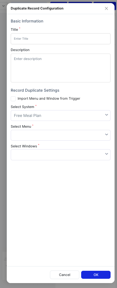 Duplicate Record Configuration dialog
