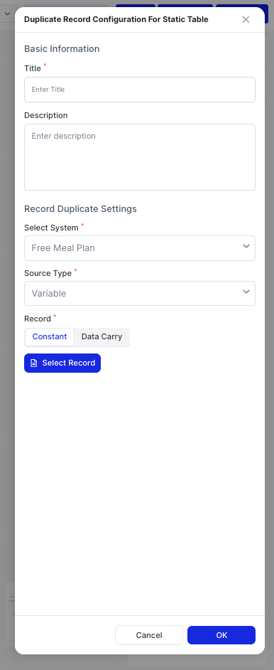 Duplicate Record Configuration For Static Table dialog