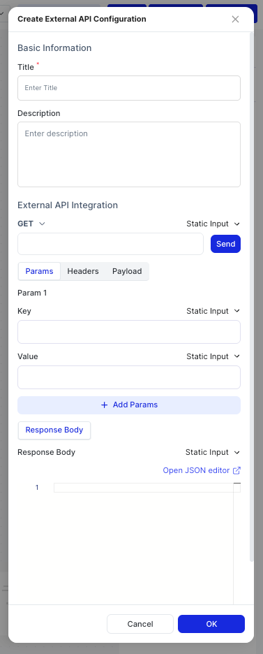 Create External API Configuration dialog
