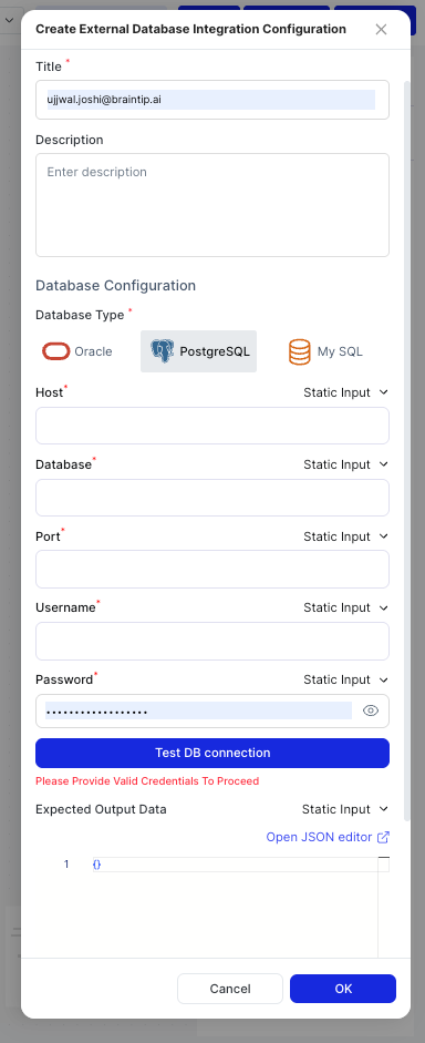 Create External Database Integration Configuration dialog