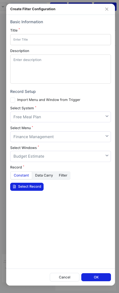 Create Filter Configuration dialog
