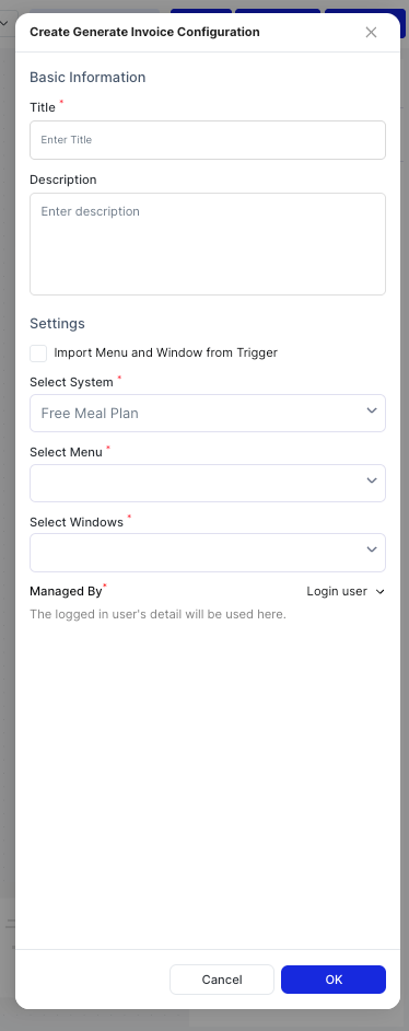 Create Generate Invoice Configuration dialog