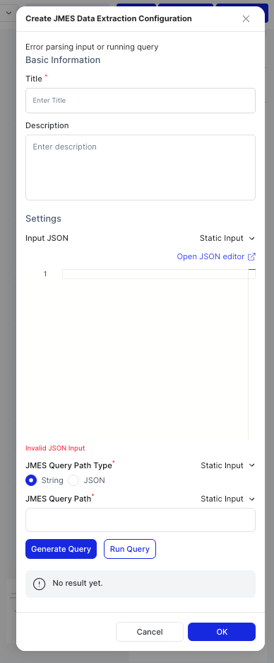 Create JMES Data Extraction Configuration dialog