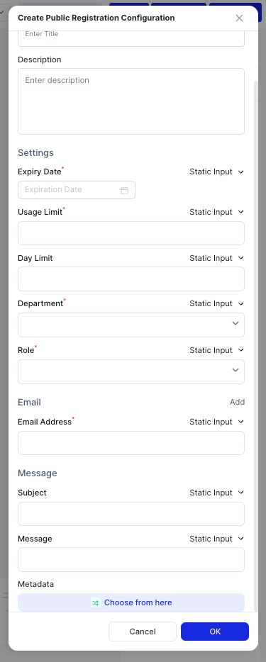 Create Public Registration Configuration dialog