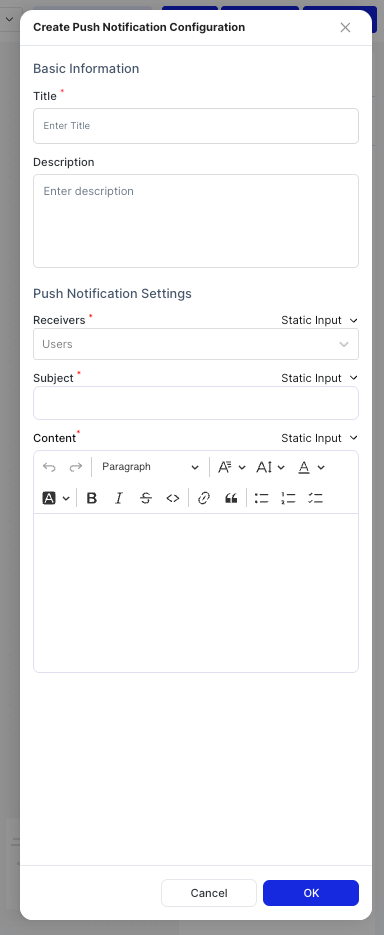Create Push Notification Configuration dialog