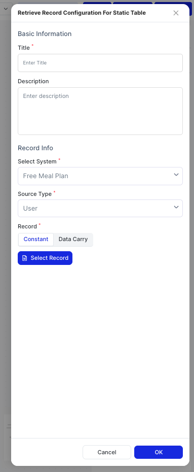 Retrieve Record Configuration For Static Table dialog