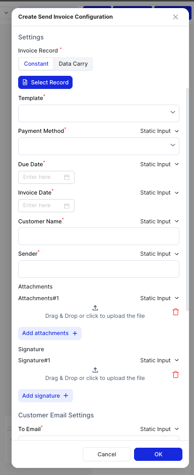 Create Send Invoice Configuration dialog