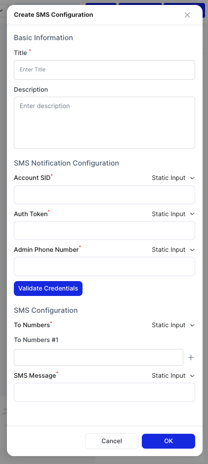 Create SMS Configuration dialog