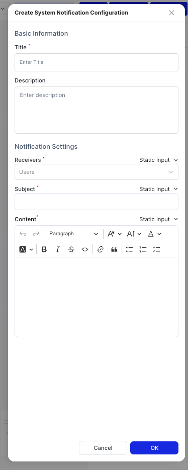 Create System Notification Configuration dialog