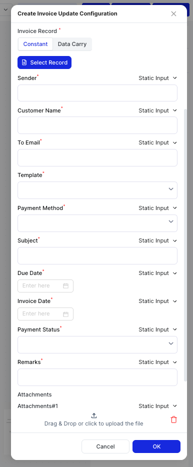 Create Invoice Update Configuration dialog