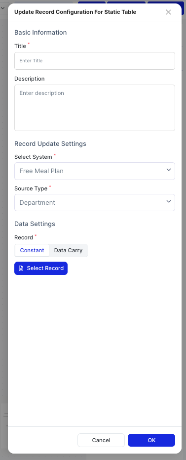 Update Record Configuration For Static Table dialog