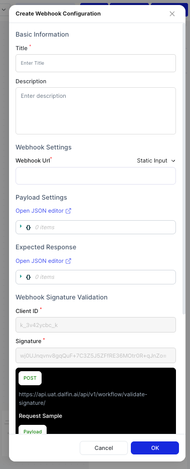 Create Webhook Configuration dialog