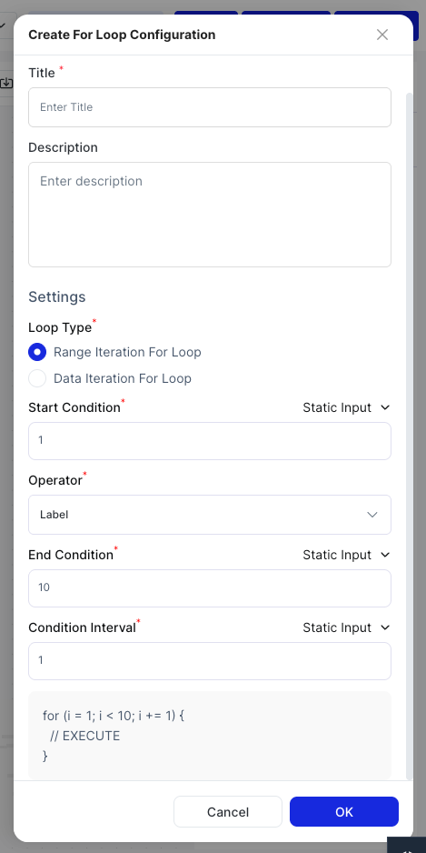 Create For Loop configuration dialog