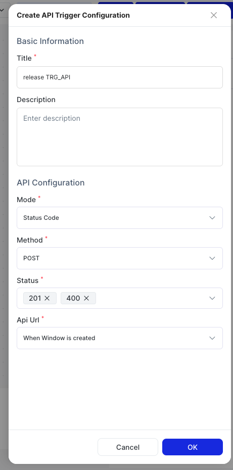 Create API Trigger Configuration dialog