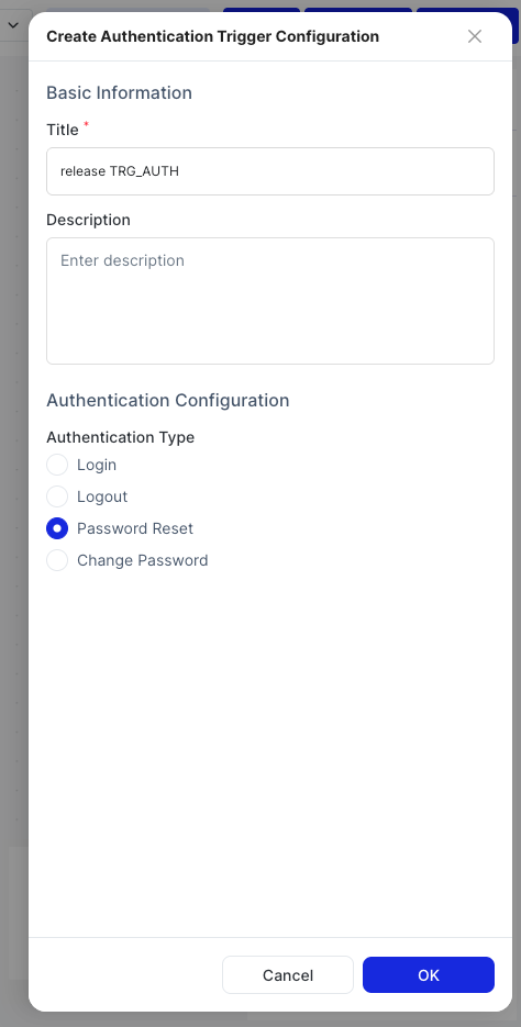 Create Authentication Trigger Configuration dialog