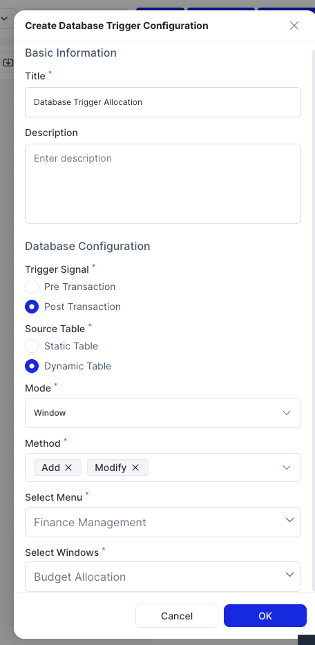 Create Database Trigger Configuration dialog