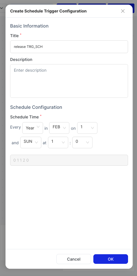 Create Schedule Trigger Configuration dialog