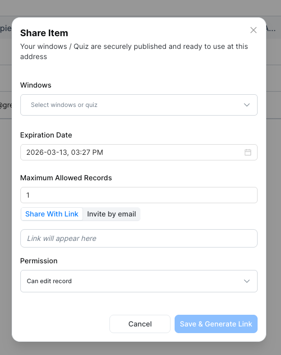 Share Item dialog with Share With Link option